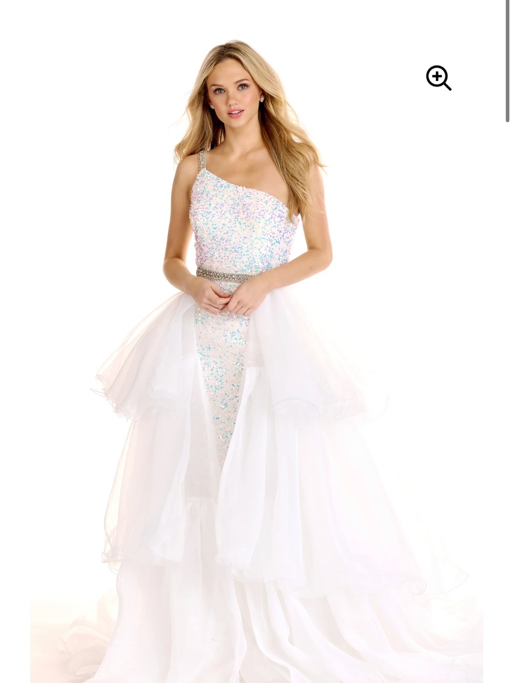 One-Shoulder White Sequin Prom Ball Gown with Tulle Overskirt